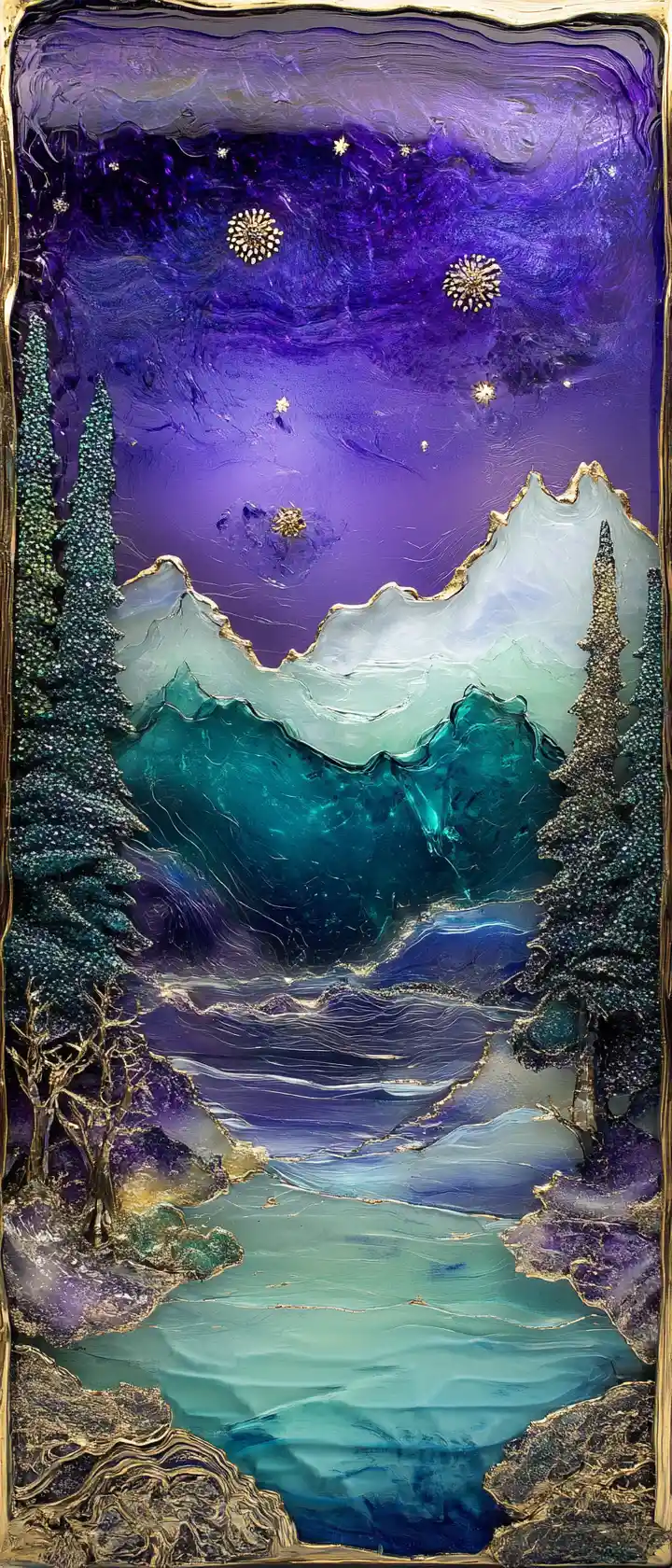 Montagnes de verre surréalistes avec rivières en fusion et arbres de cristal