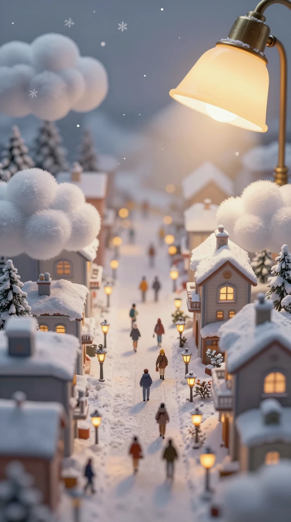 Ciudad invernal en miniatura bajo el suave brillo dorado de una lámpara de escritorio