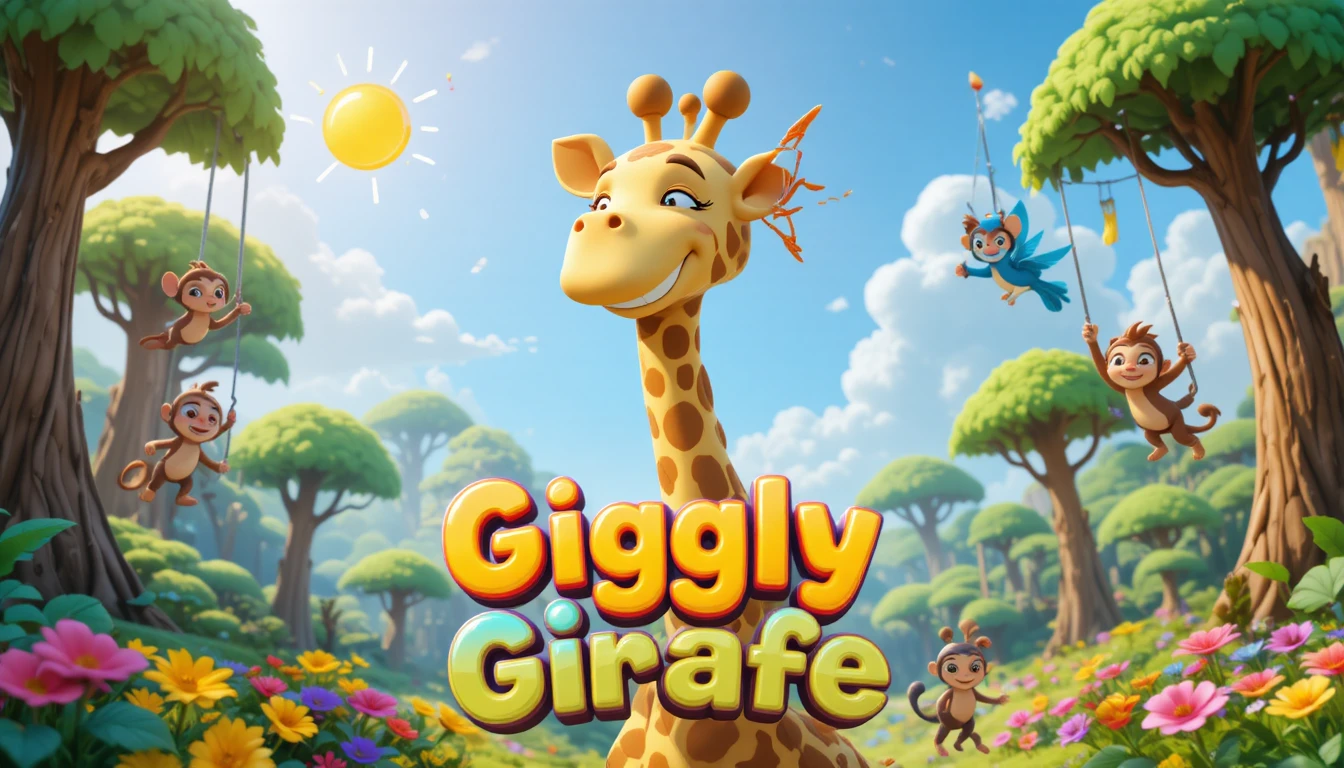 Girafa 3D alegre rindo em uma selva ensolarada