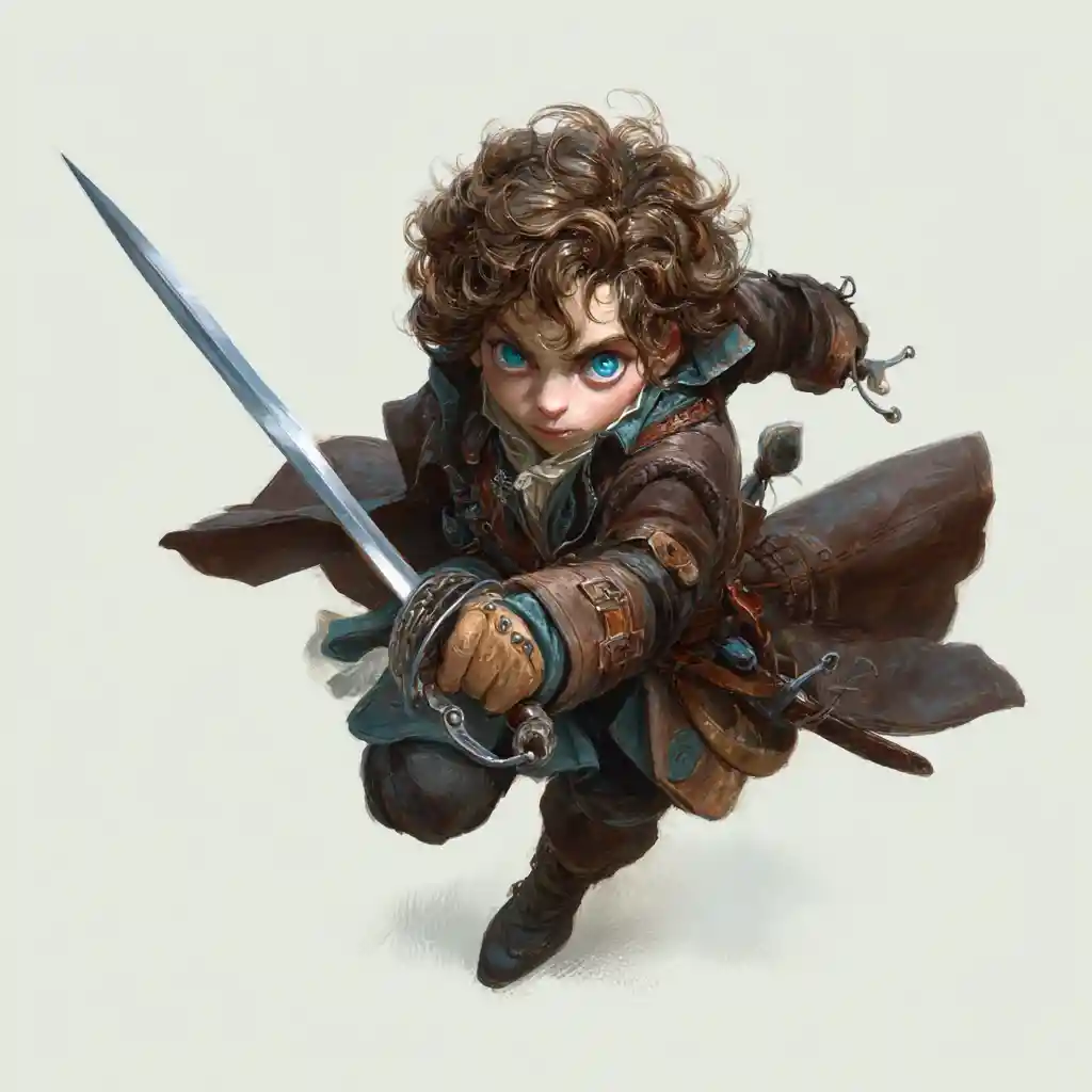 Halfling rogue with rapier in dark fantasy attire