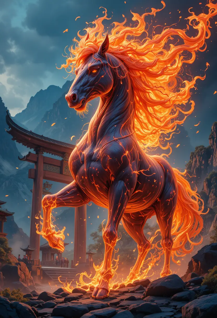 Fiery mythical horse rearing above a fantasy mountain landscape