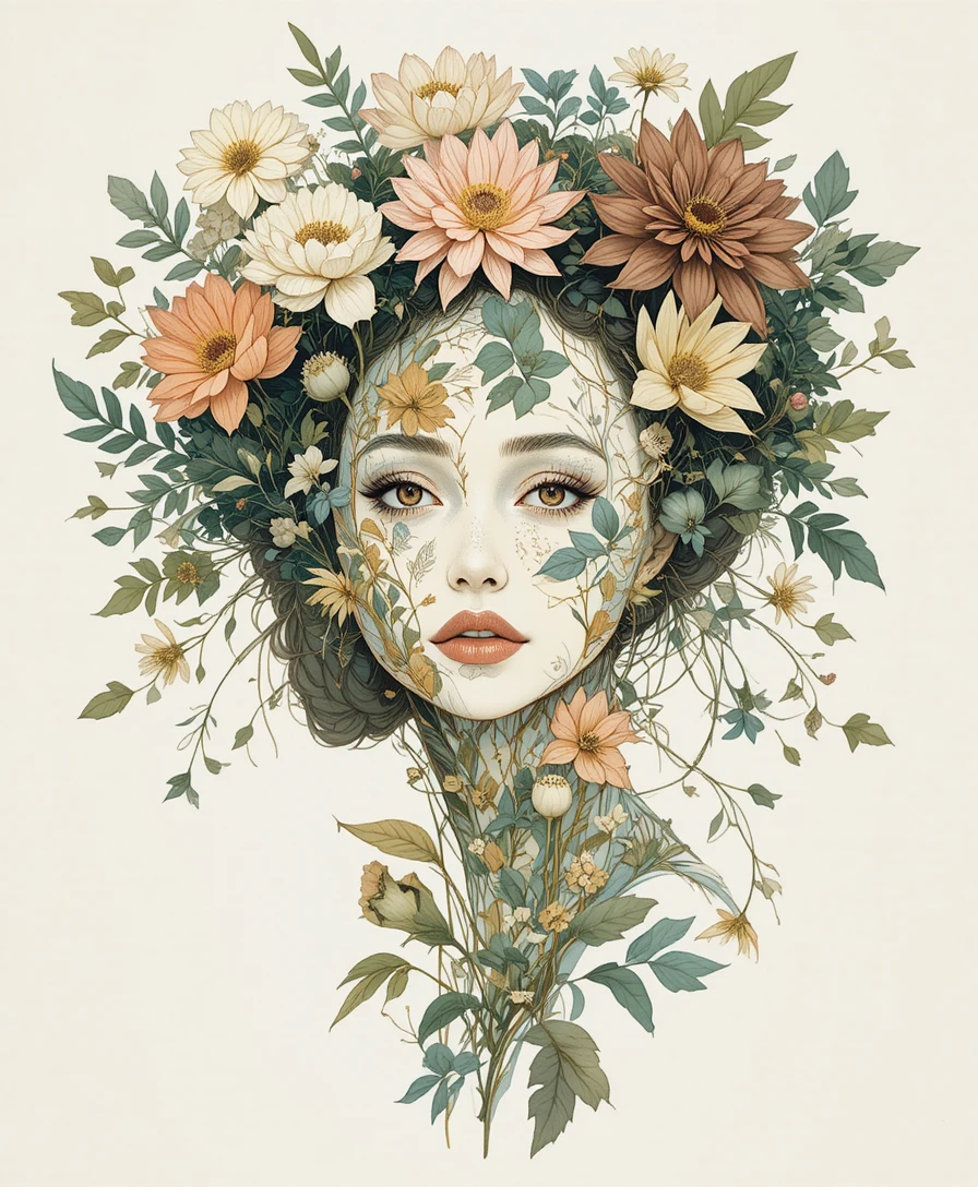 Bella donna incorniciata da un intricato arte di illustrazione botanica