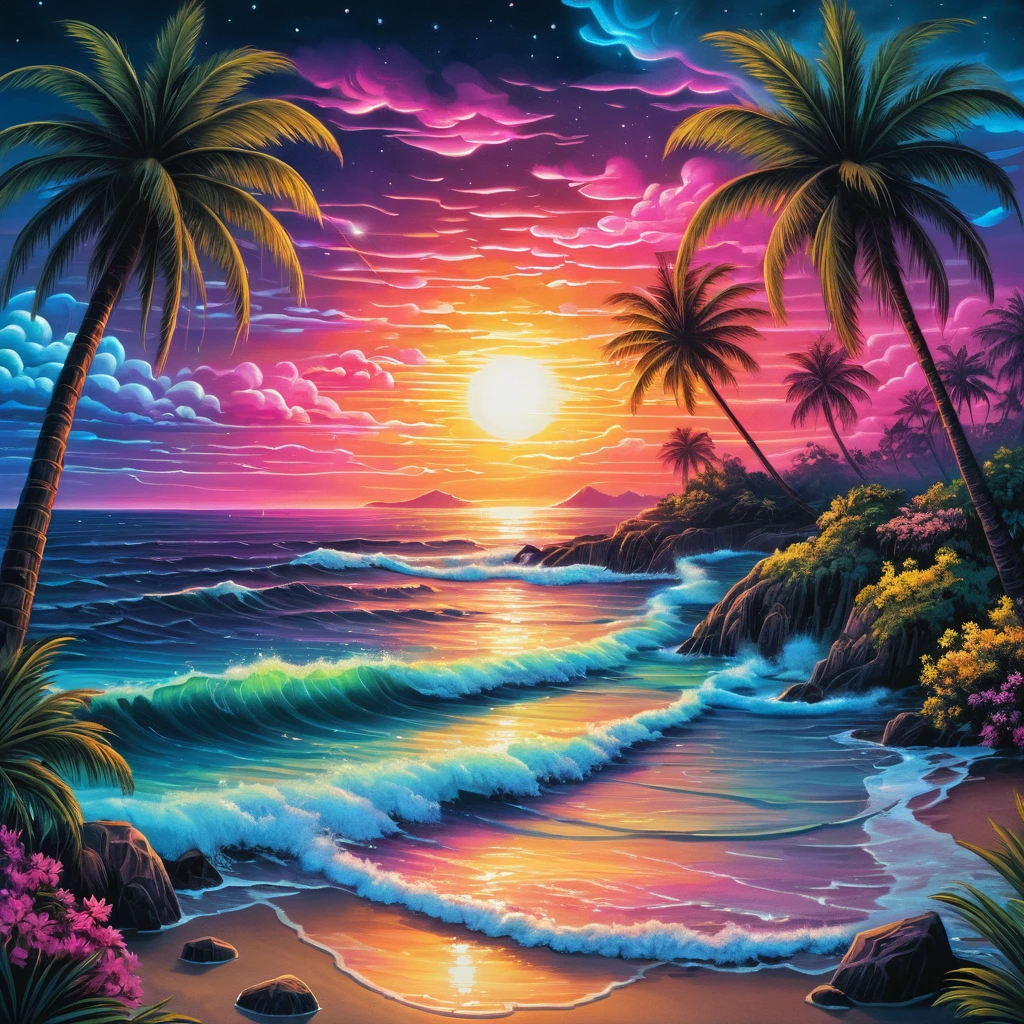 Neon-Sonnenuntergang über dem Ozean mit Palmensilhouetten und Blumen