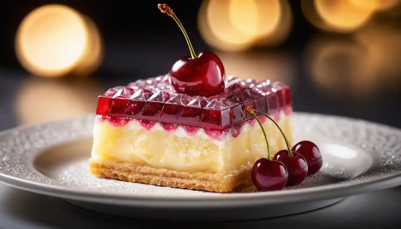 Glitzerndes, juwelenartiges Dessert mit rubinrotem Kirsch-Topping