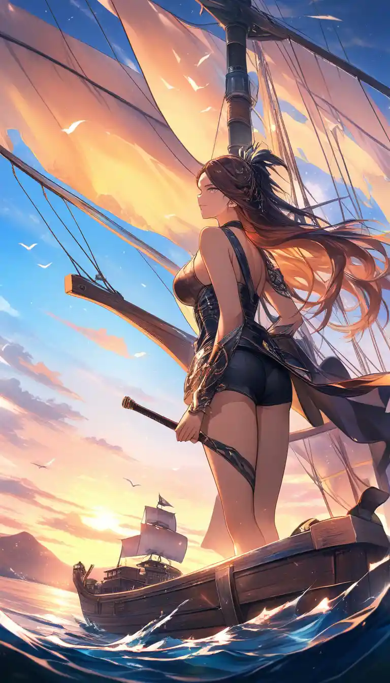 Pirati donna in stile anime sulla prua della nave con mappa del tesoro