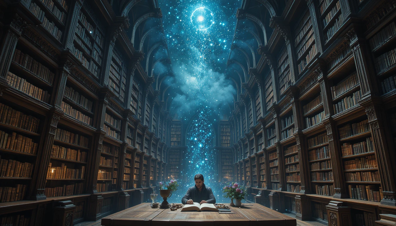 Studioso in un’antica biblioteca sotto un cielo celestiale di scaffali fluttuanti
