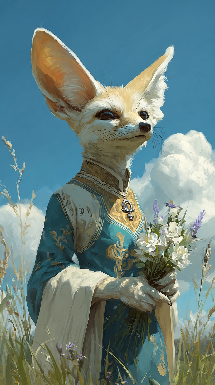 Fennec antropomorfo in abito tradizionale con fiori di campo