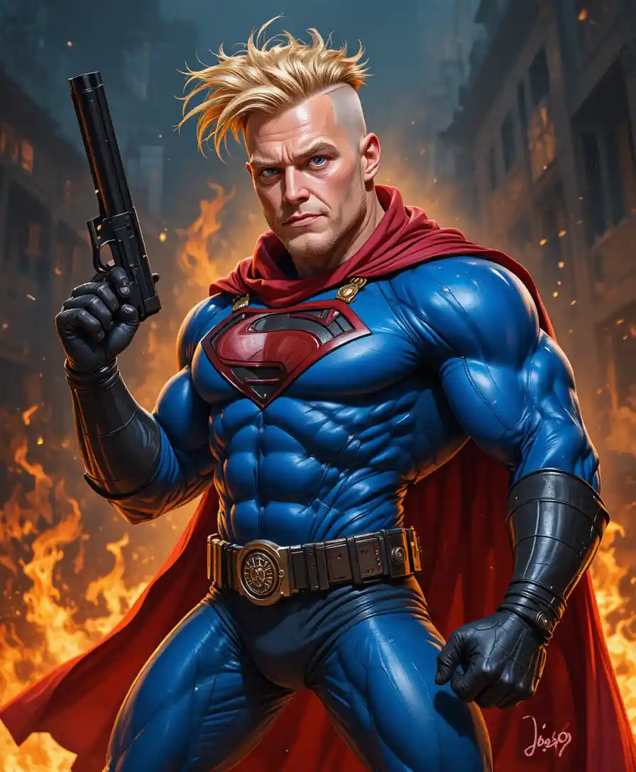 Super-herói musculoso com arma diante de um fundo em chamas