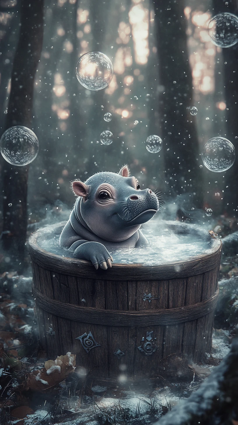 Mystical baby hippo in a wooden tub in winter forest