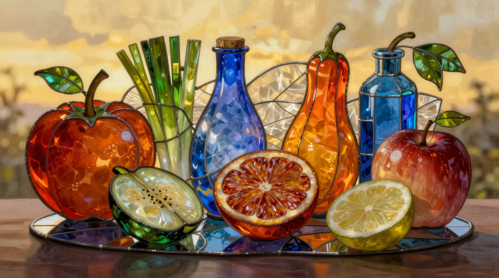 Natura morta surreale di cibo in vetro colorato alla luce dorata