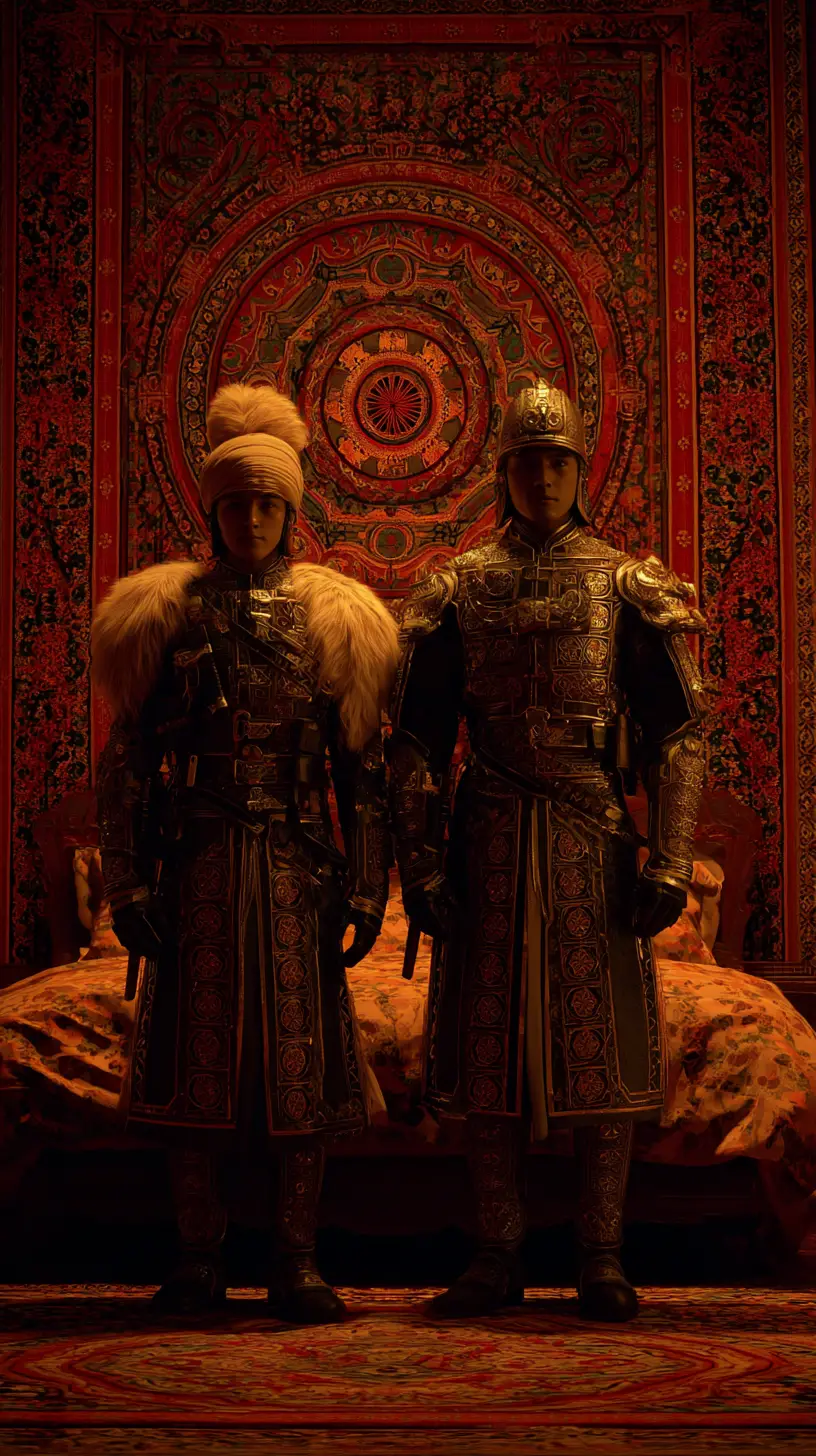 Futuristic royal guards in a cyberpunk palace bedroom