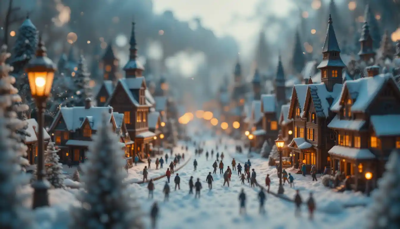 Miniature Winter City Under Warm Antique Lamp Glow