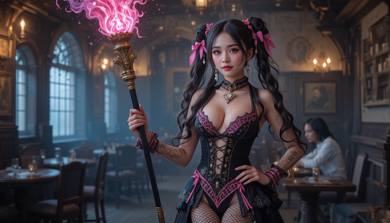 Grande sorcière coréenne de fantasy dans une taverne médiévale