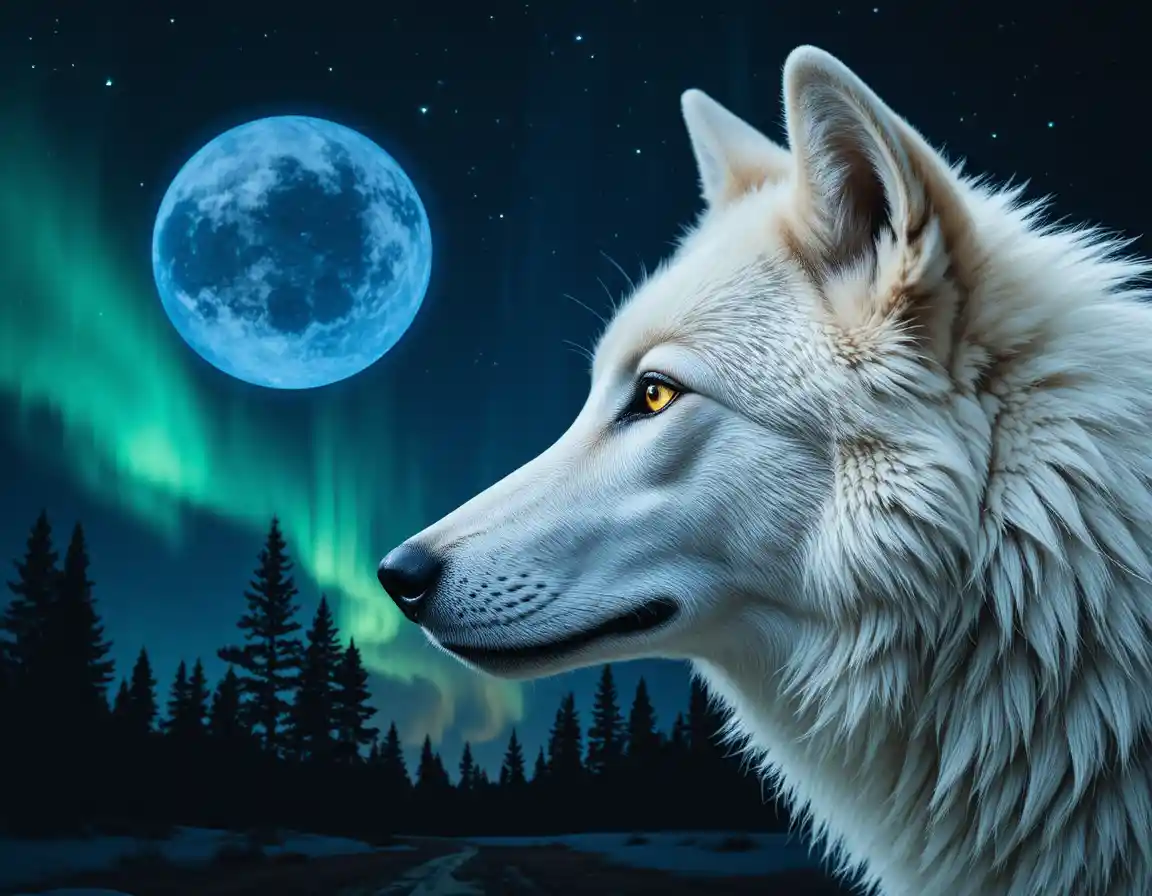 Lobo branco em close com céu noturno de floresta azul iluminada pela lua