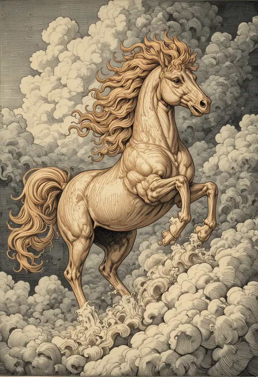 Fiery mythical horse galloping powerfully through swirling clouds