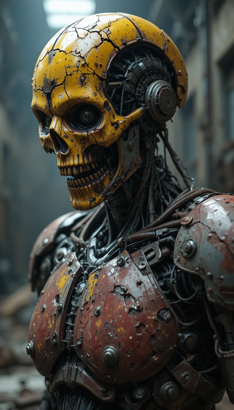 Robot humanoide dañado con cráneo amarillo en desenfoque industrial