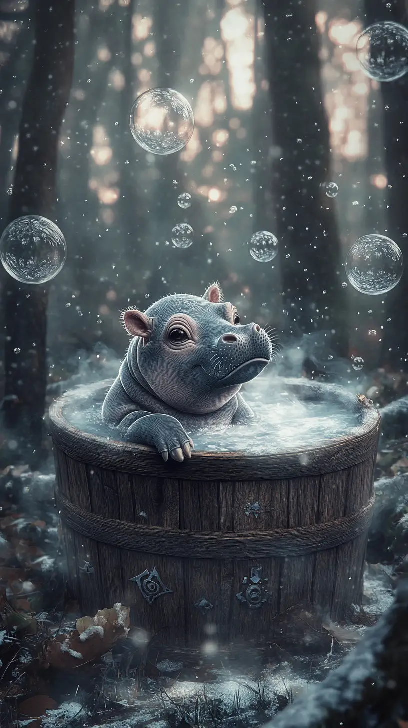 Mystical baby hippo in a wooden tub in winter forest