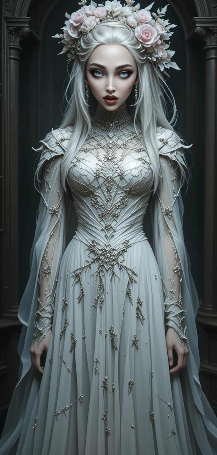 Gloomy countess standing alone in a dark interior room