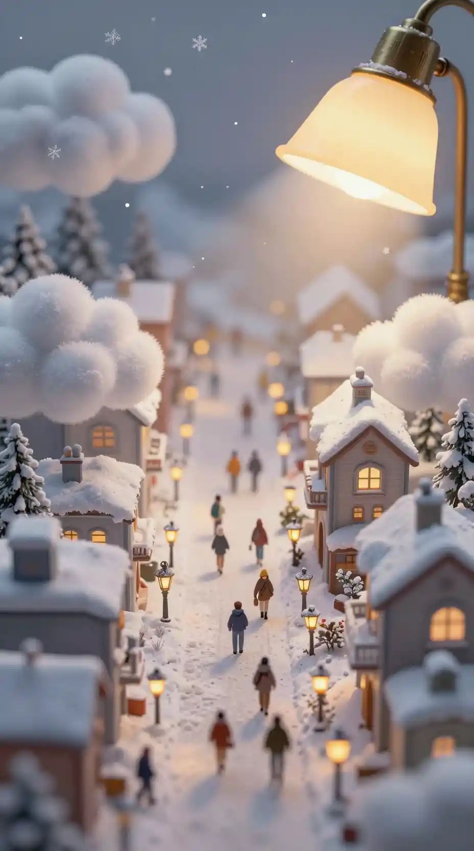 Cidade de Inverno em Miniatura sob o Suave Brilho Dourado de Abajur de Mesa