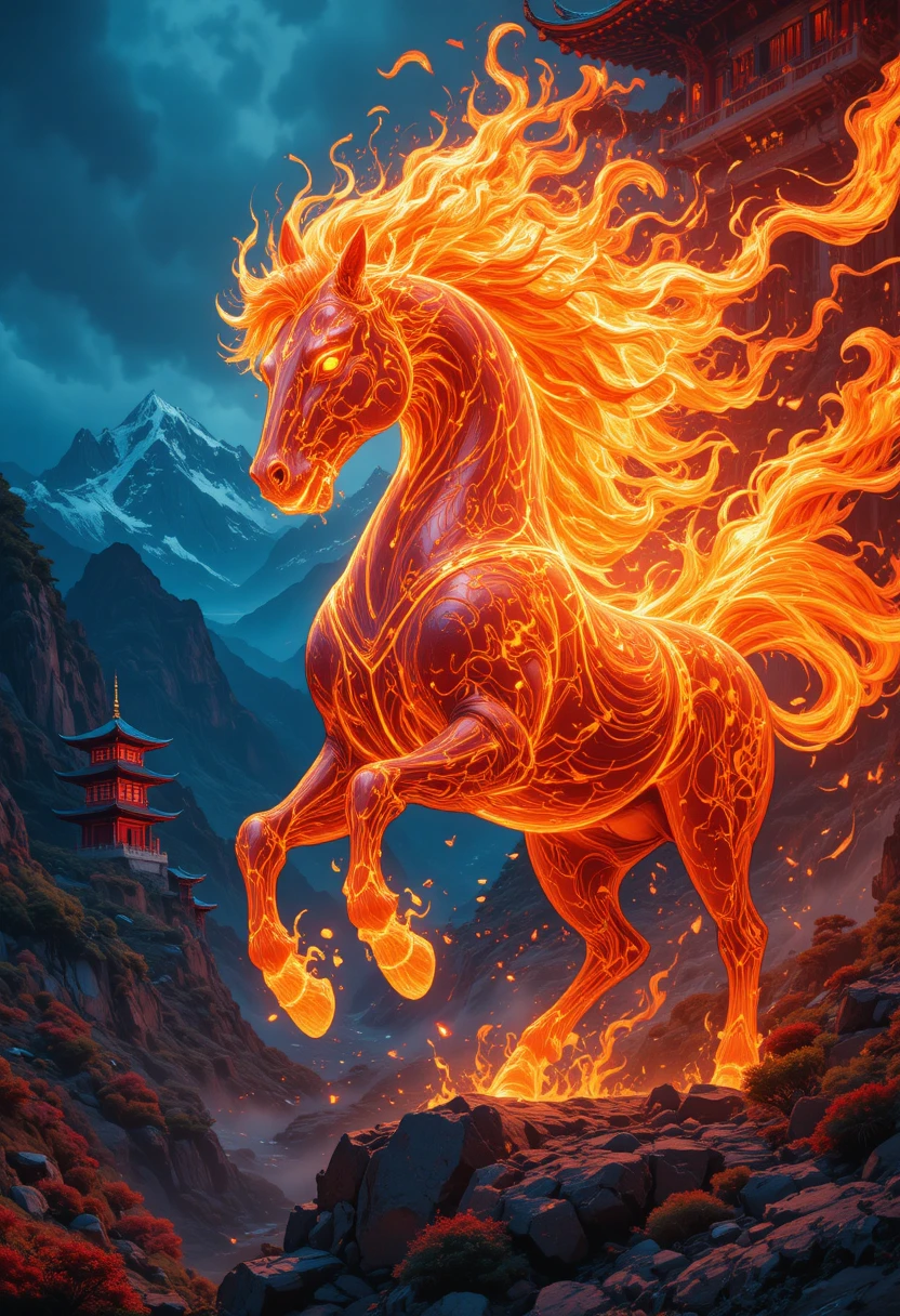 Feuriges chinesisches Pferd stürmt durch leuchtende Fantasieberge