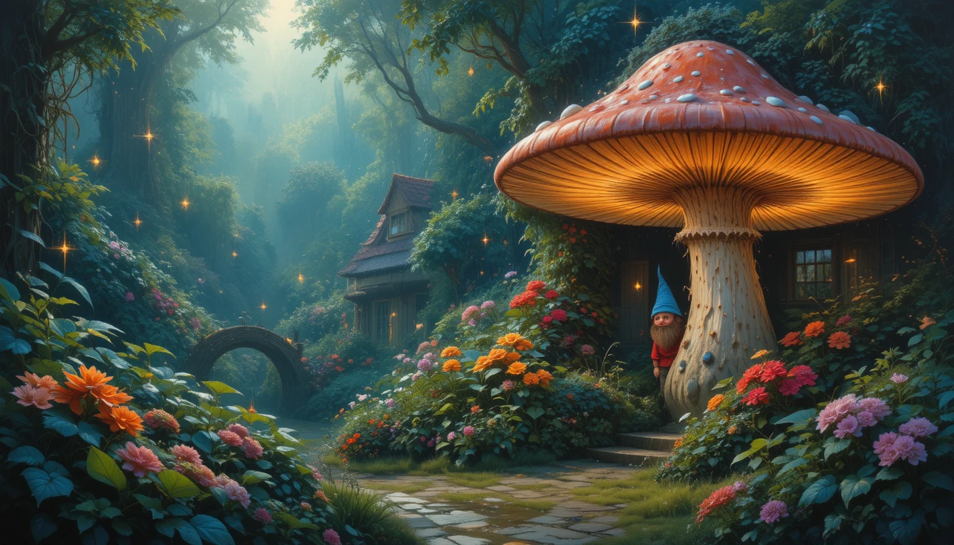 Impressionistischer Gartenzwerg zwischen leuchtenden Pilzen und Glühwürmchen