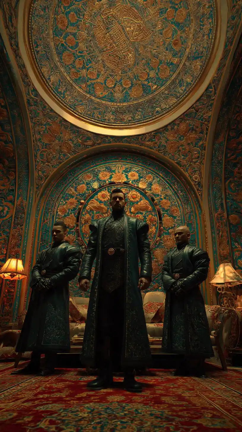 Guardas futuristas em um quarto de palácio cyberpunk à noite
