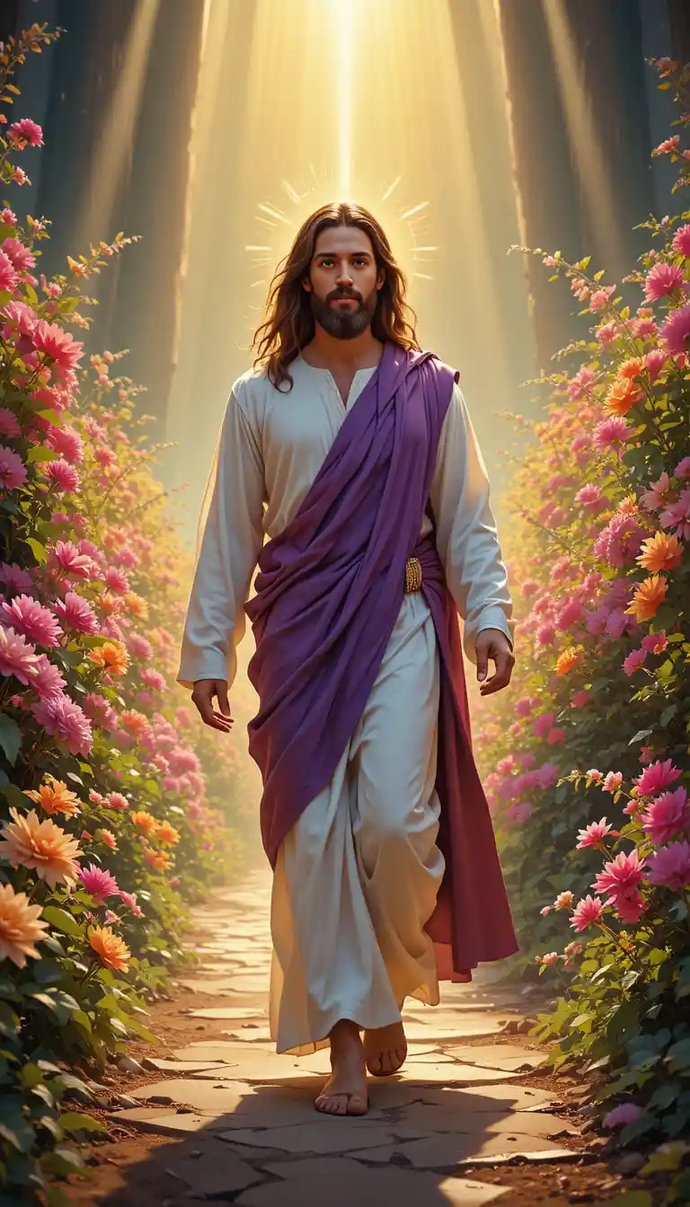 Jésus marchant sur un chemin de fleurs baigné de lumière dorée