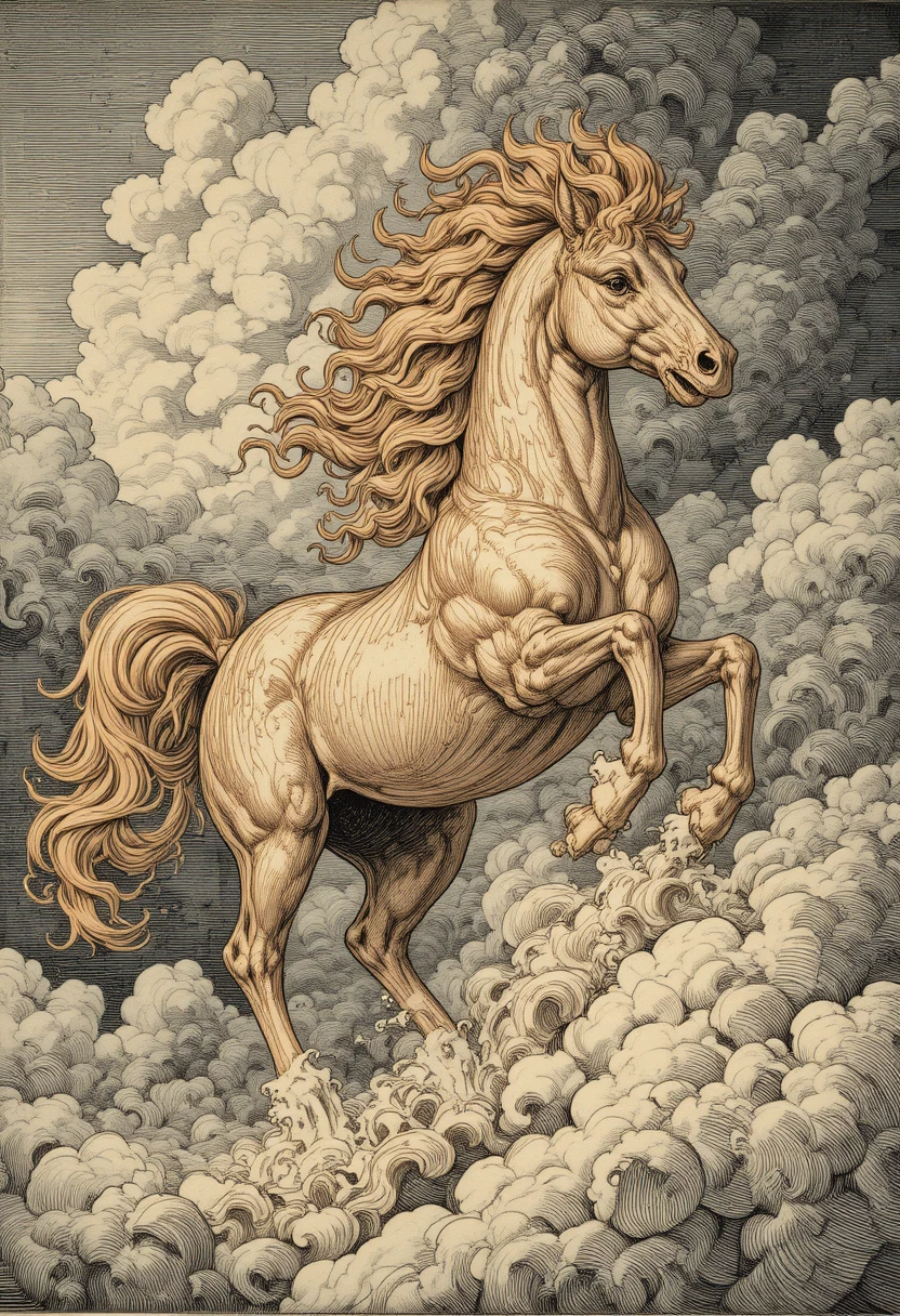 Feuriges mythisches Pferd, das kraftvoll durch wirbelnde Wolken galoppiert