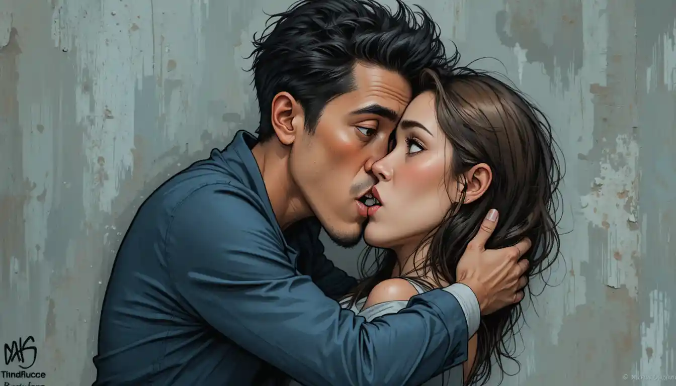 Passionate couple kissing closely against a cold wall