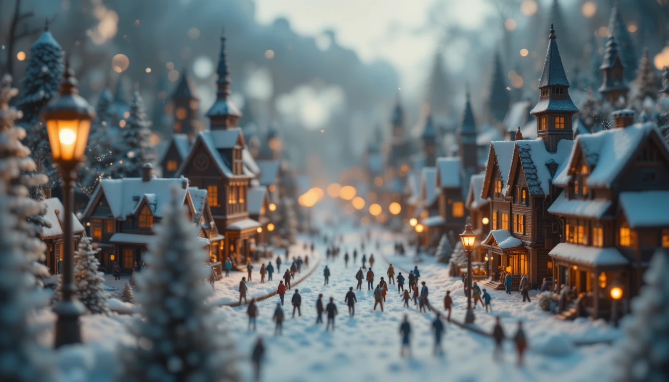 Miniature Winter City Under Warm Antique Lamp Glow