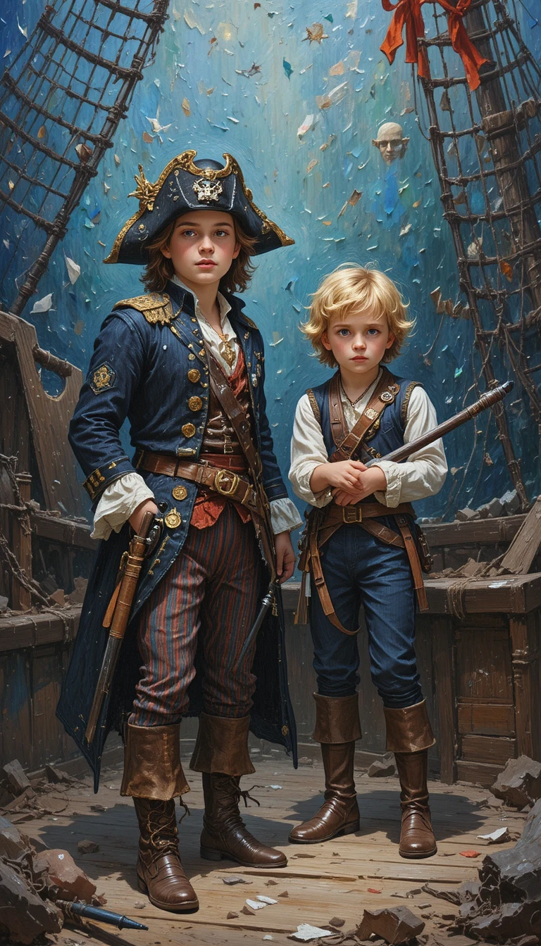 Deux enfants jouant aux pirates dans une peinture à l’huile nostalgique