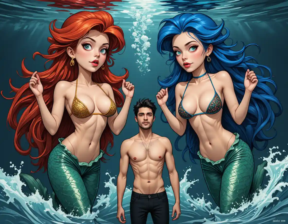 Dos sirenas desnudas con cabello de colores nadando bajo el agua