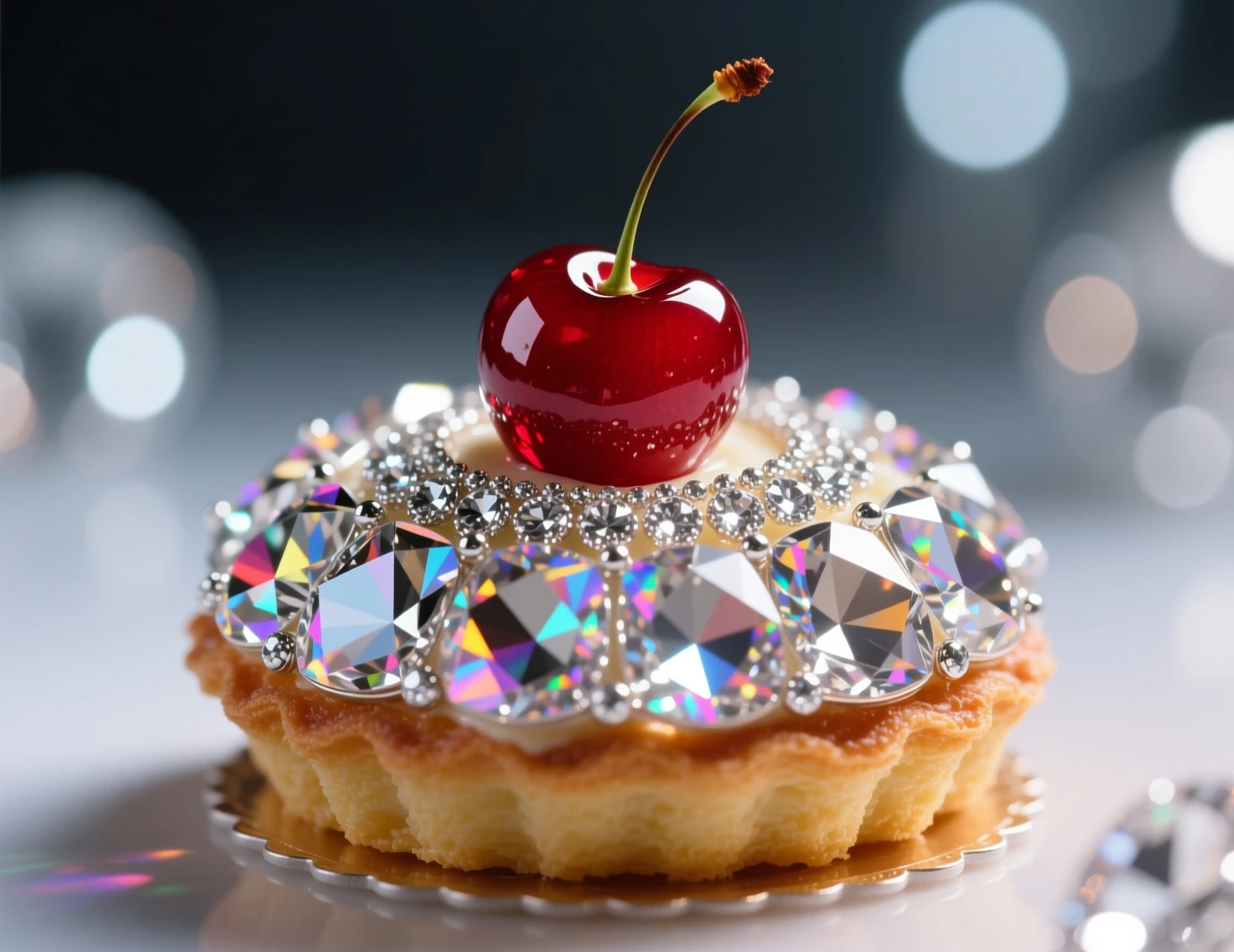 Sobremesa luxuosa com detalhes de diamante e cereja vermelho-rubi