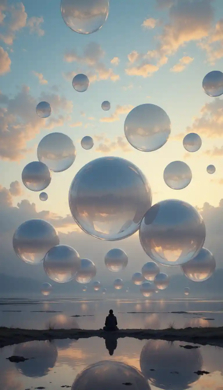 Surreal sunset spheres floating above a tranquil lakeside