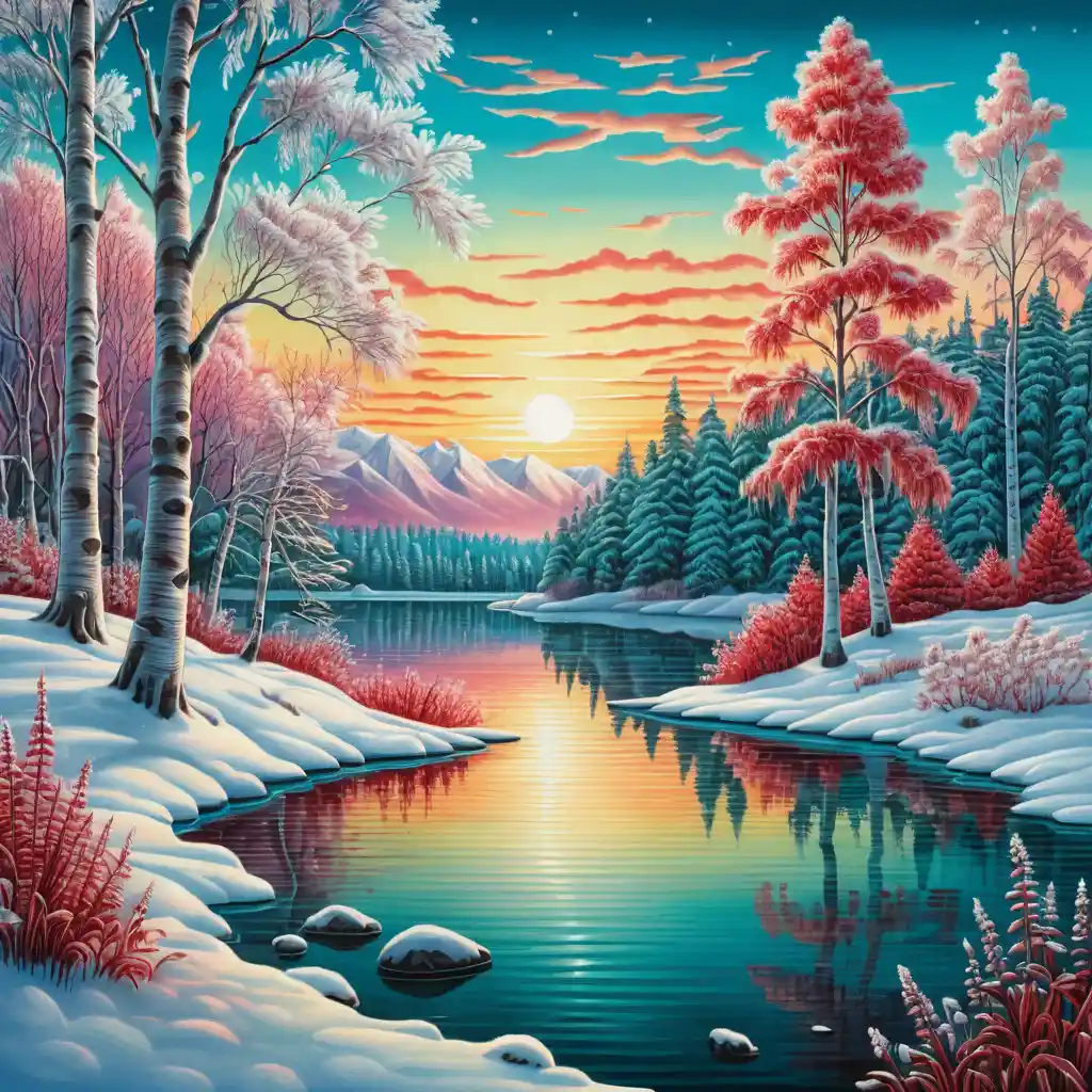Winterliche Birkenwiese bei Sonnenaufgang mit Blumen und See