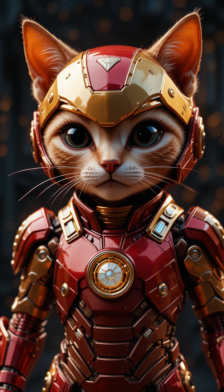 Gato 3D blindado vermelho e dourado com peitoral brilhante