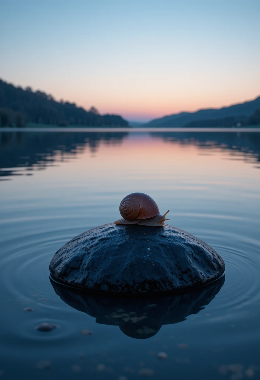Solitary sea snail on stone by a calm reflective lake