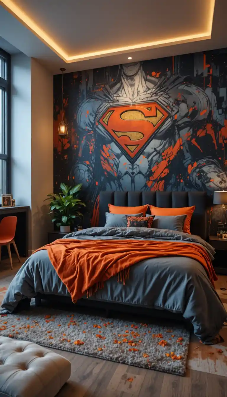Camera da letto moderna con murale audace e illuminazione calda e accogliente