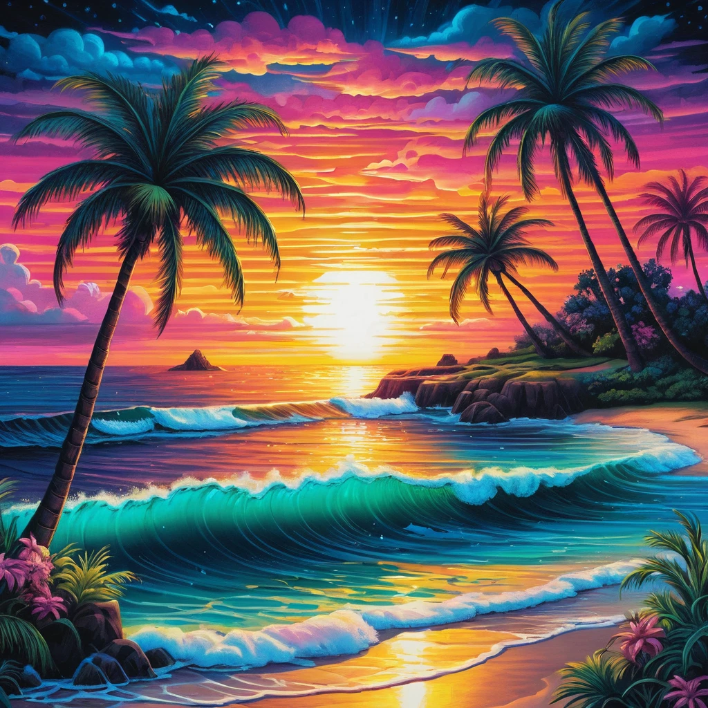 Paisagem marítima de pôr do sol neon com silhuetas de palmeiras e borda de mimosas