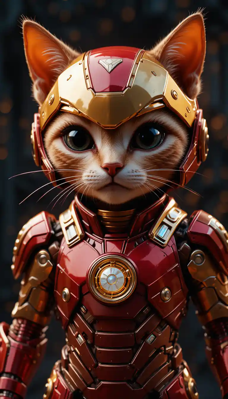 Gato 3D blindado vermelho e dourado com peitoral brilhante