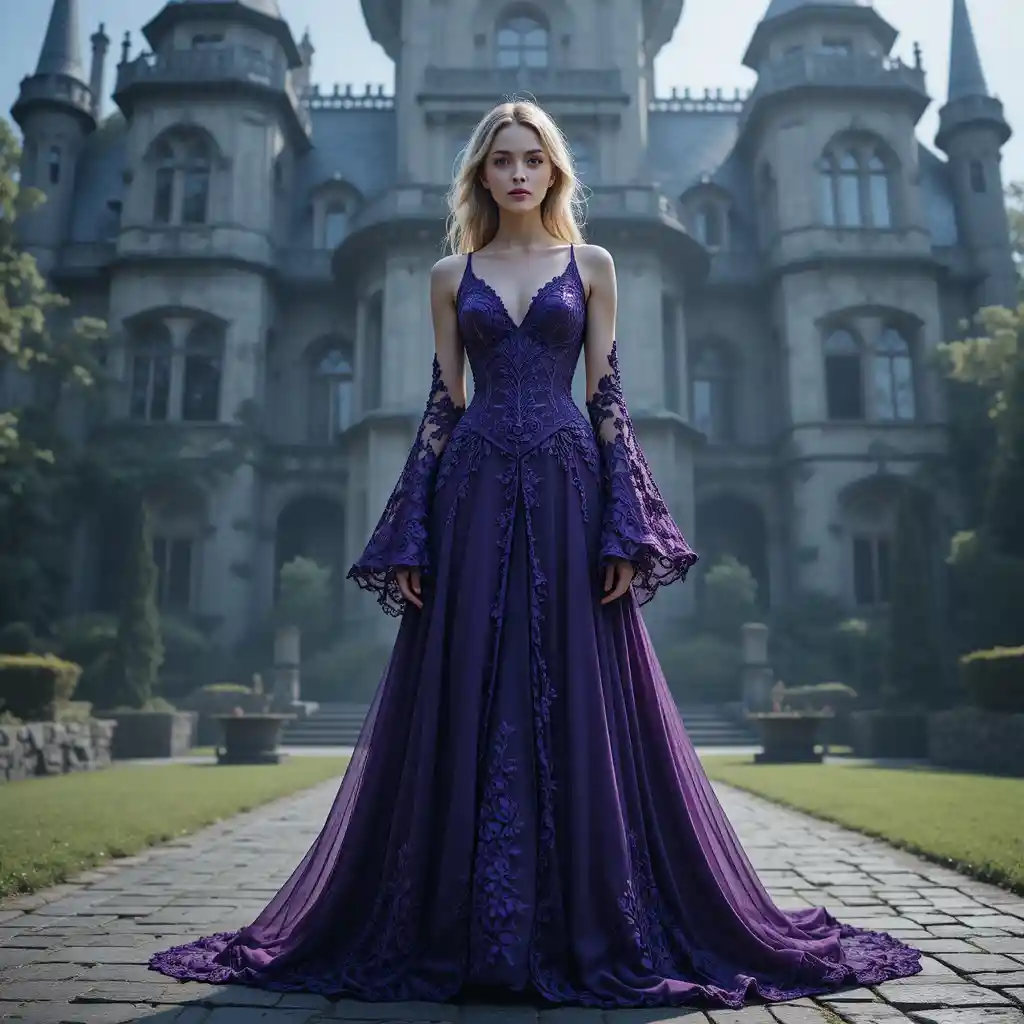 Femme en robe violette devant une façade de château mystique