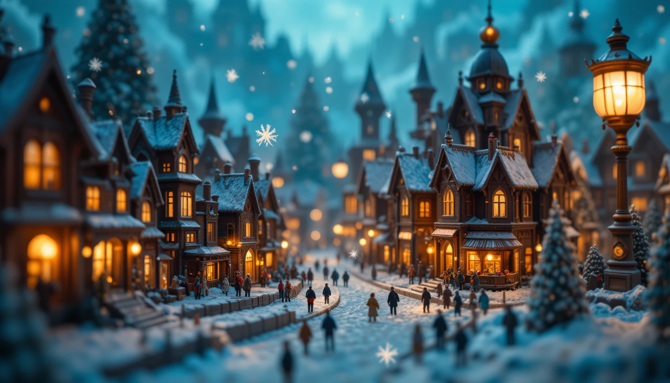 Miniature Winter City Under A Warm Antique Lamp Glow