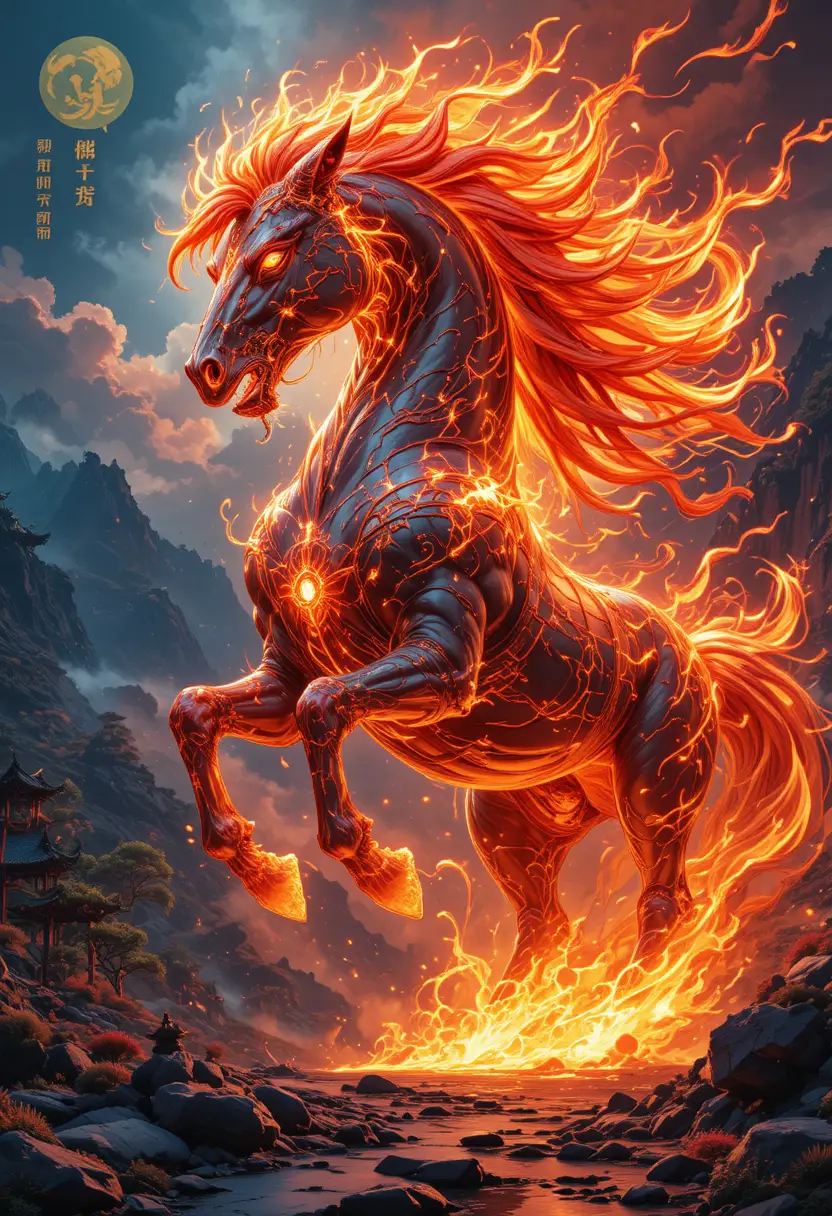 Fiery Chinese horse charging through a mystical mountain landscape