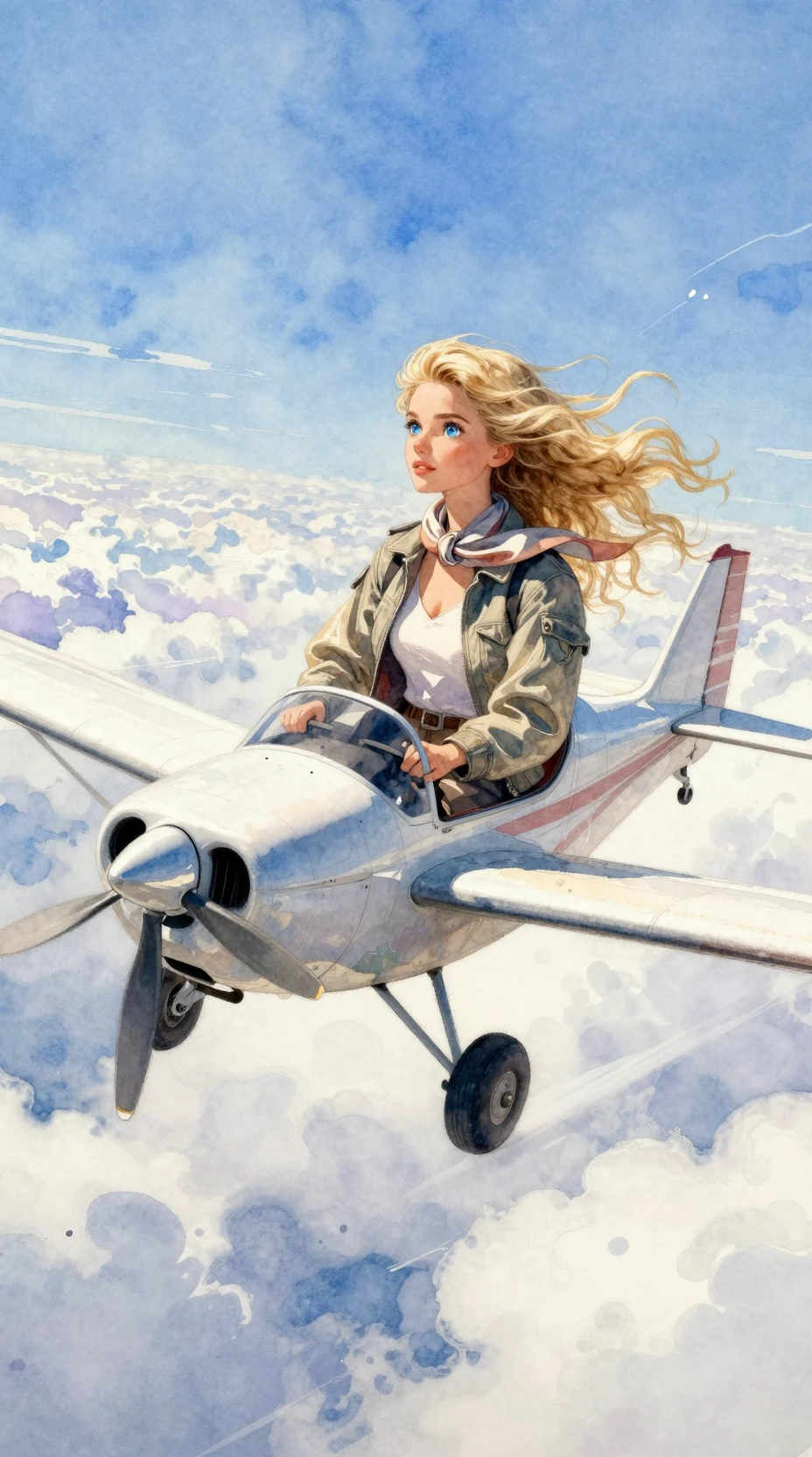 Retrato en acuarela de piloto rubia en avión sobre cielo azul