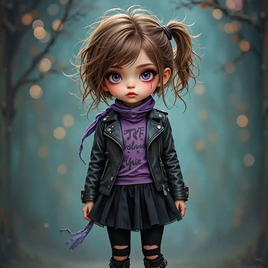 Punk little girl in studded leather with festive backdrop