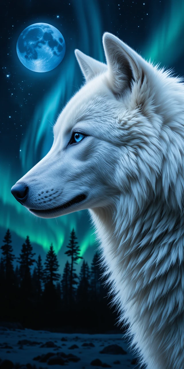 Retrato de lobo branco com olho azul e céu noturno cósmico