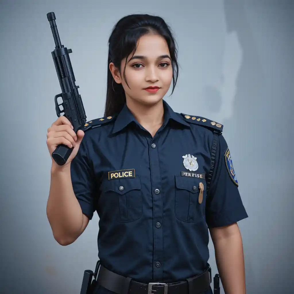 Energiegeladener indischer Polizist mit Pistole vor grauem Hintergrund