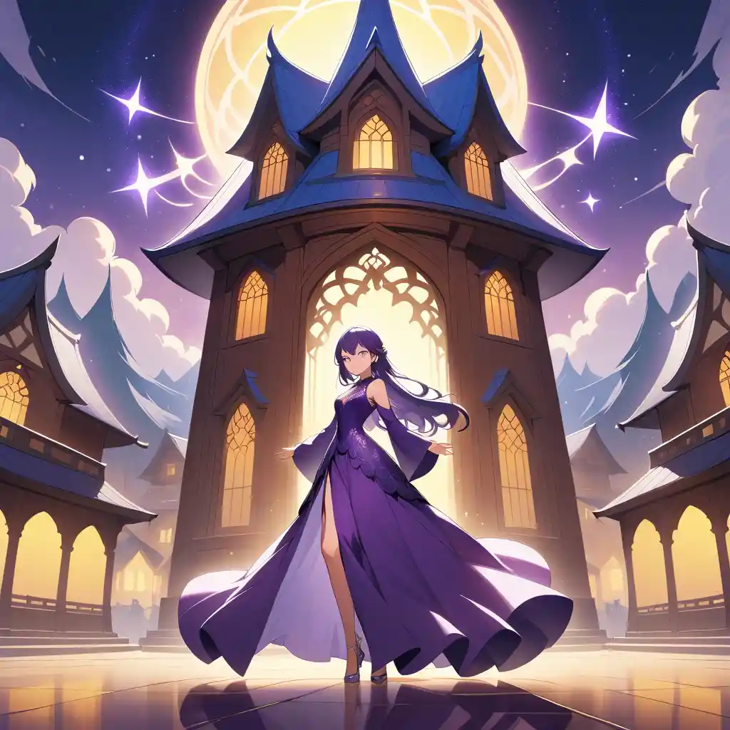 Femme en robe violette profonde devant un château de fantasy mystique
