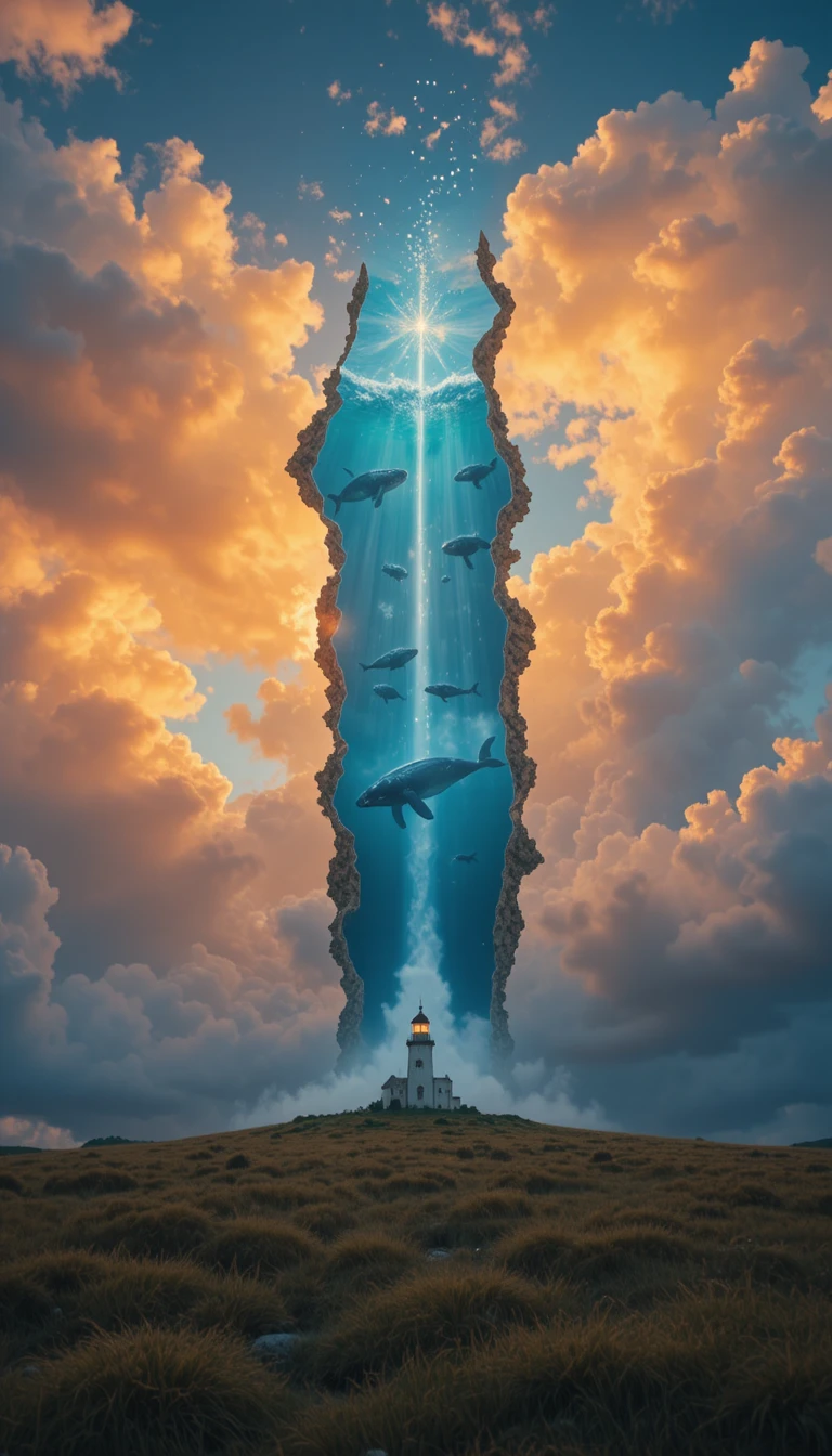 Cracked sky revealing an ocean above a lonely lighthouse