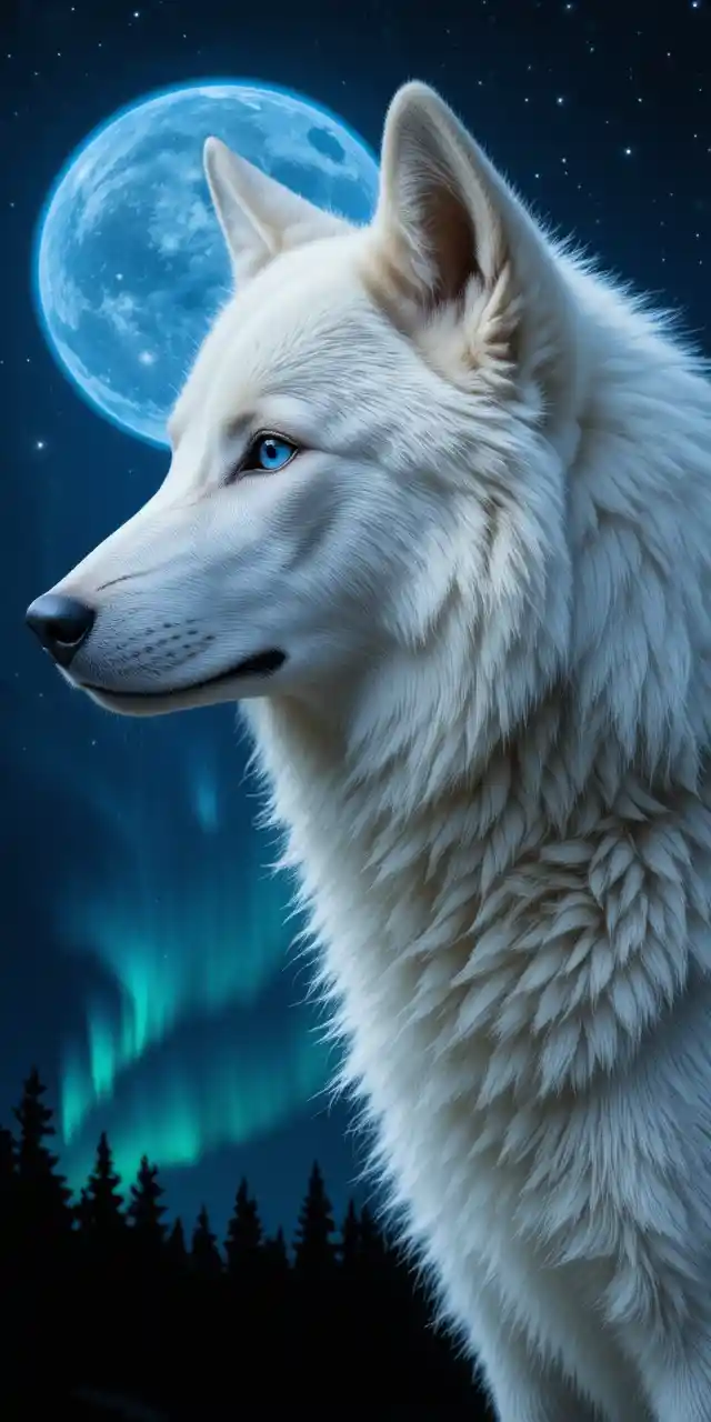 Cabeça de lobo branco com olho azul sob céu noturno estrelado